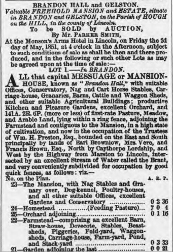 Sale of Brandon Hall, Lincolnshire in 1851