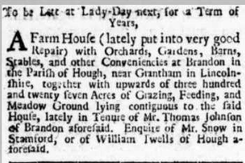 (Probable) advert for Brandon Hall 1728